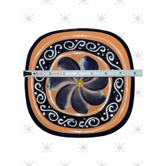 Mexican Red Clay Pottery Bowl Blue And White Flower And Scroll Design - Picture 5 of 7